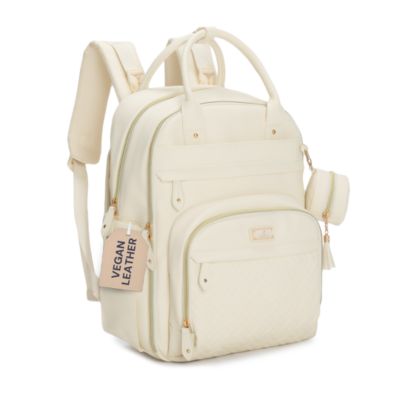 BabbleRoo Premium Faux Leather Diaper Bag Backpack Spacious & Stylish Nappy Organizer Light Brown - Eggshell white