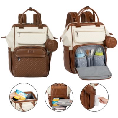 BabbleRoo Premium Faux Leather Diaper Bag Backpack Spacious & Stylish Nappy Organizer Light Brown - Coffee Cream