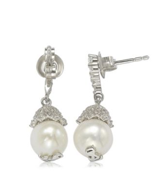 Suzy Levian Sterling Silver Pearl & White Sapphire Crown Earrings