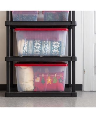 94 Quart Stackable Holiday Plastic Storage Bins with Lids and Latching Buckles, Clear/Red - 2 Pack