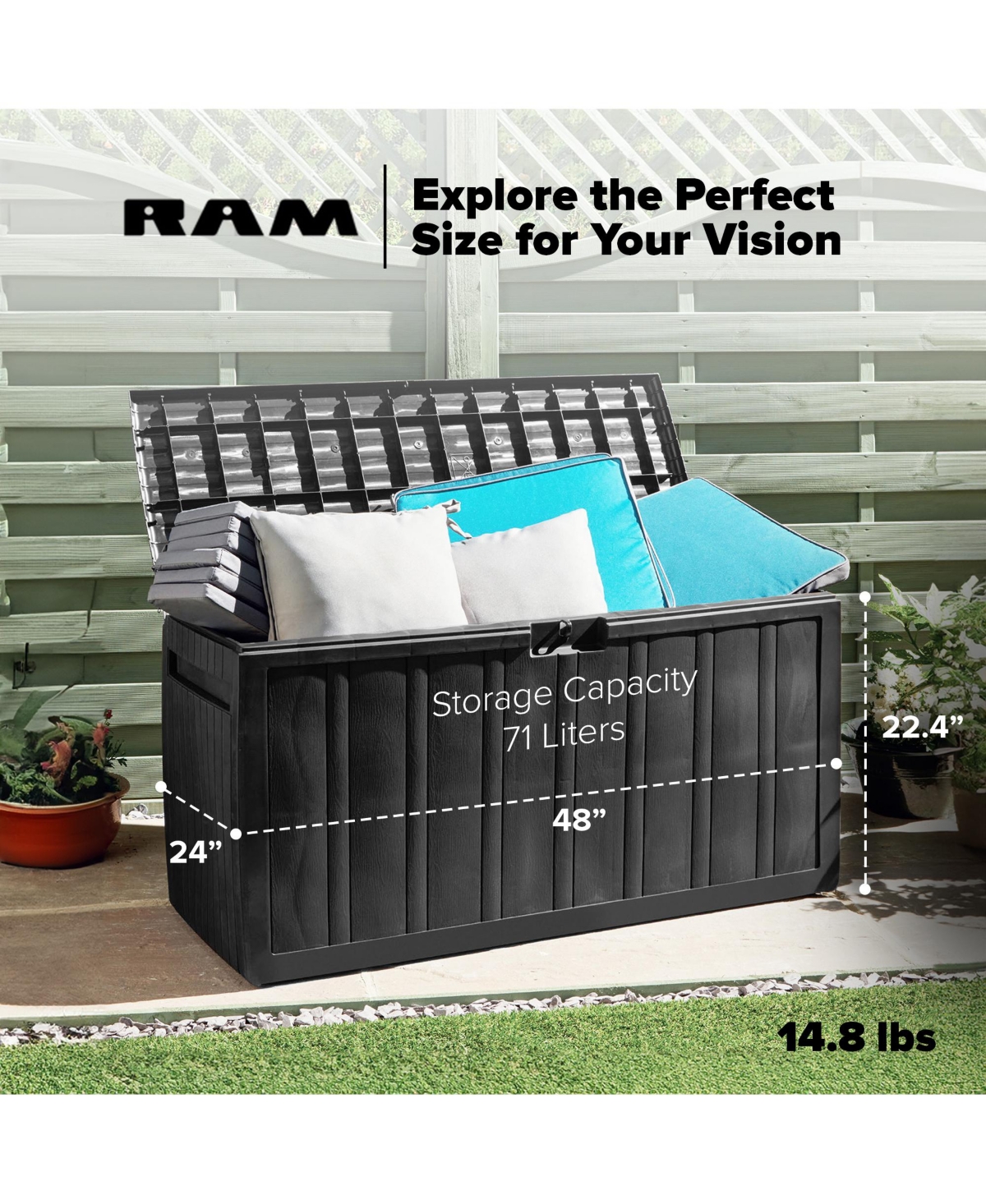 Ram Quality Products Outdoor Backyard Patio Storage Deck Box, 71 Gallon, Gray
