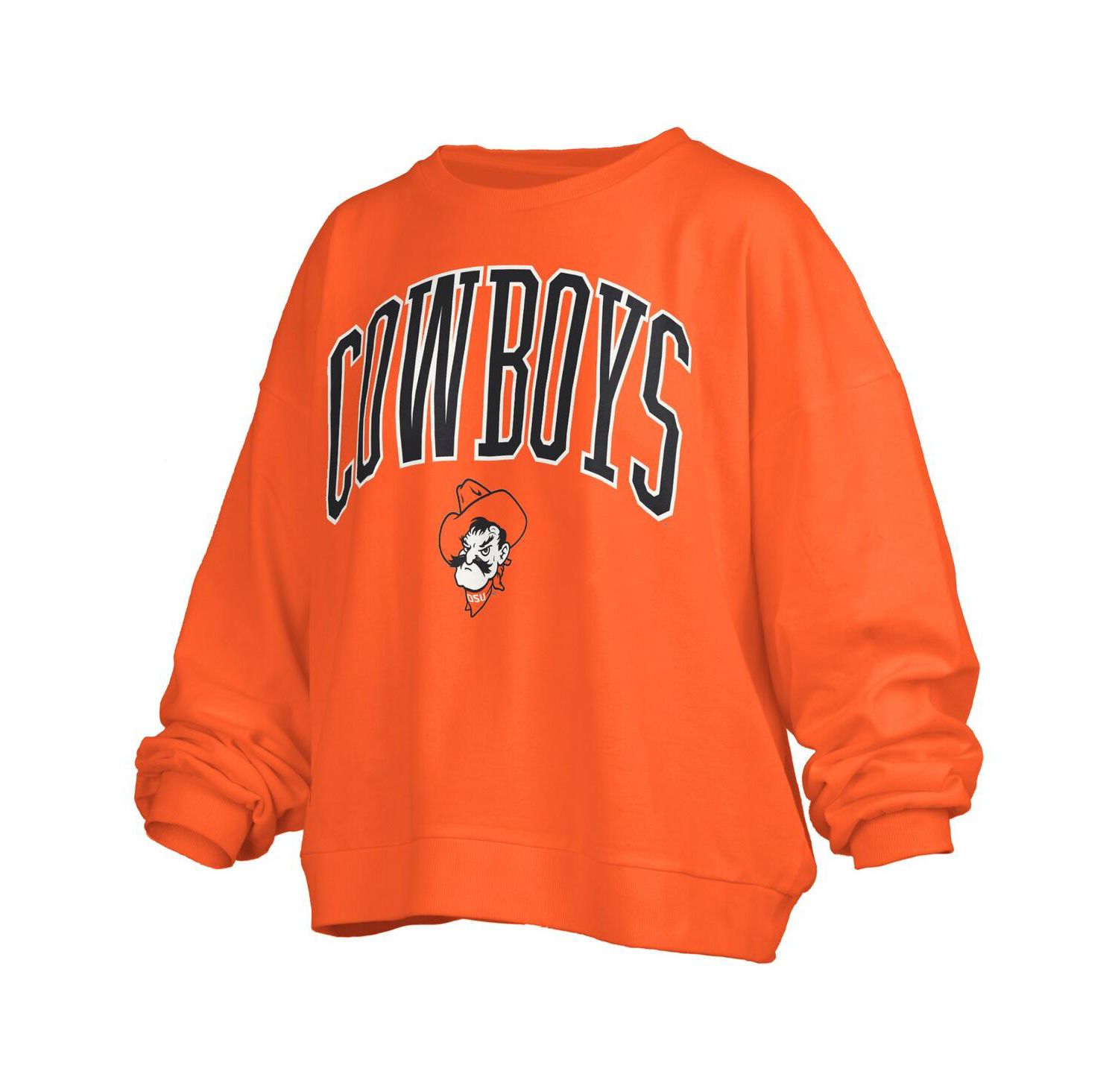 Women's Orange Oklahoma State Cowboys Janise Arch Over Logo Waist Length Oversized Pullover Sweatshirt