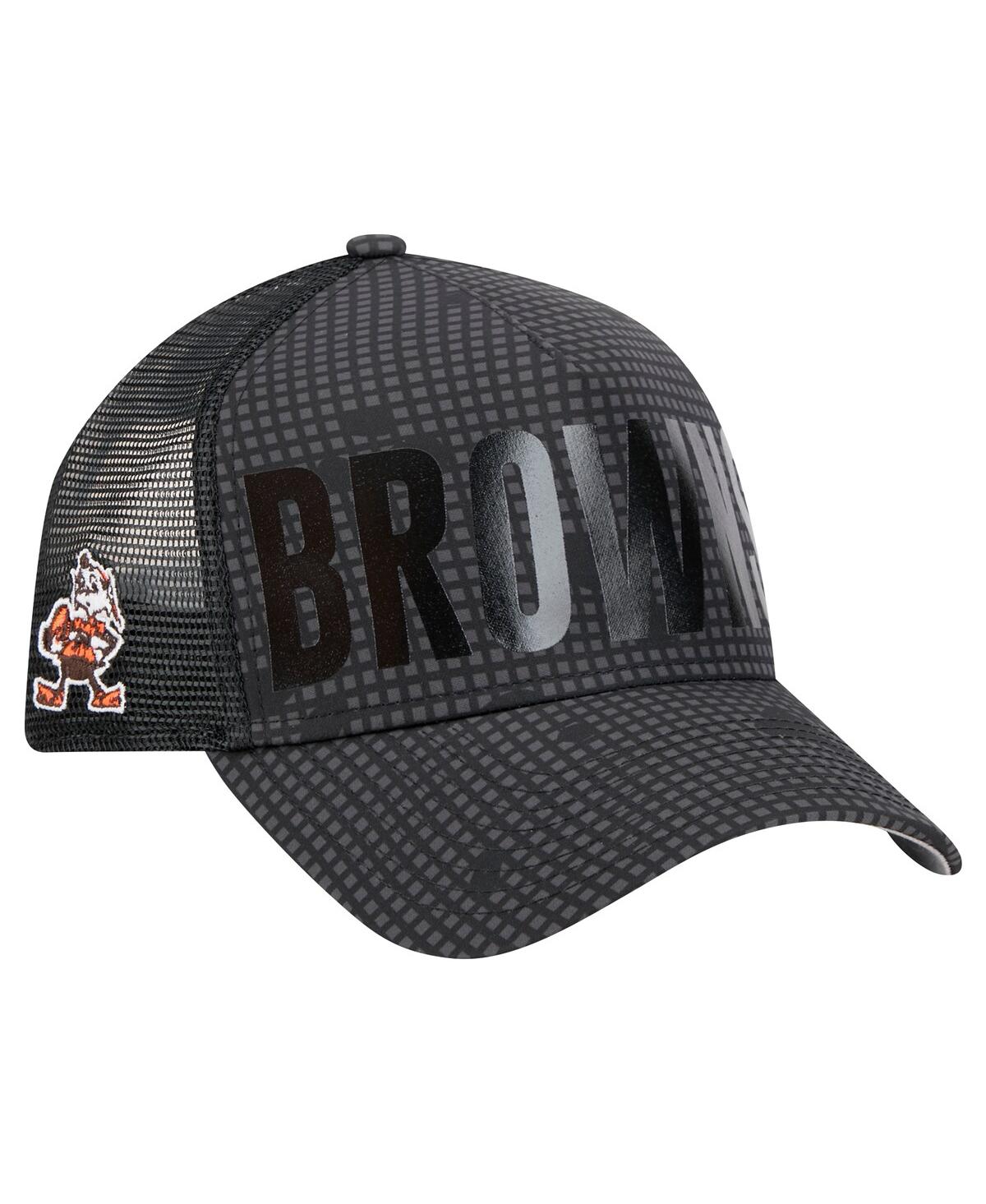 New Era Men's Black Cleveland Browns Throwback Midnight Ink Tonal Text A-frame Trucker 9forty Adjustable Hat In Black