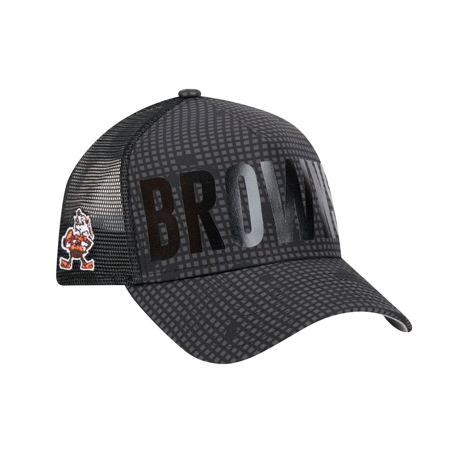 Men's Black Cleveland Browns Throwback Midnight Ink Tonal Text A-Frame Trucker 9FORTY Adjustable Hat