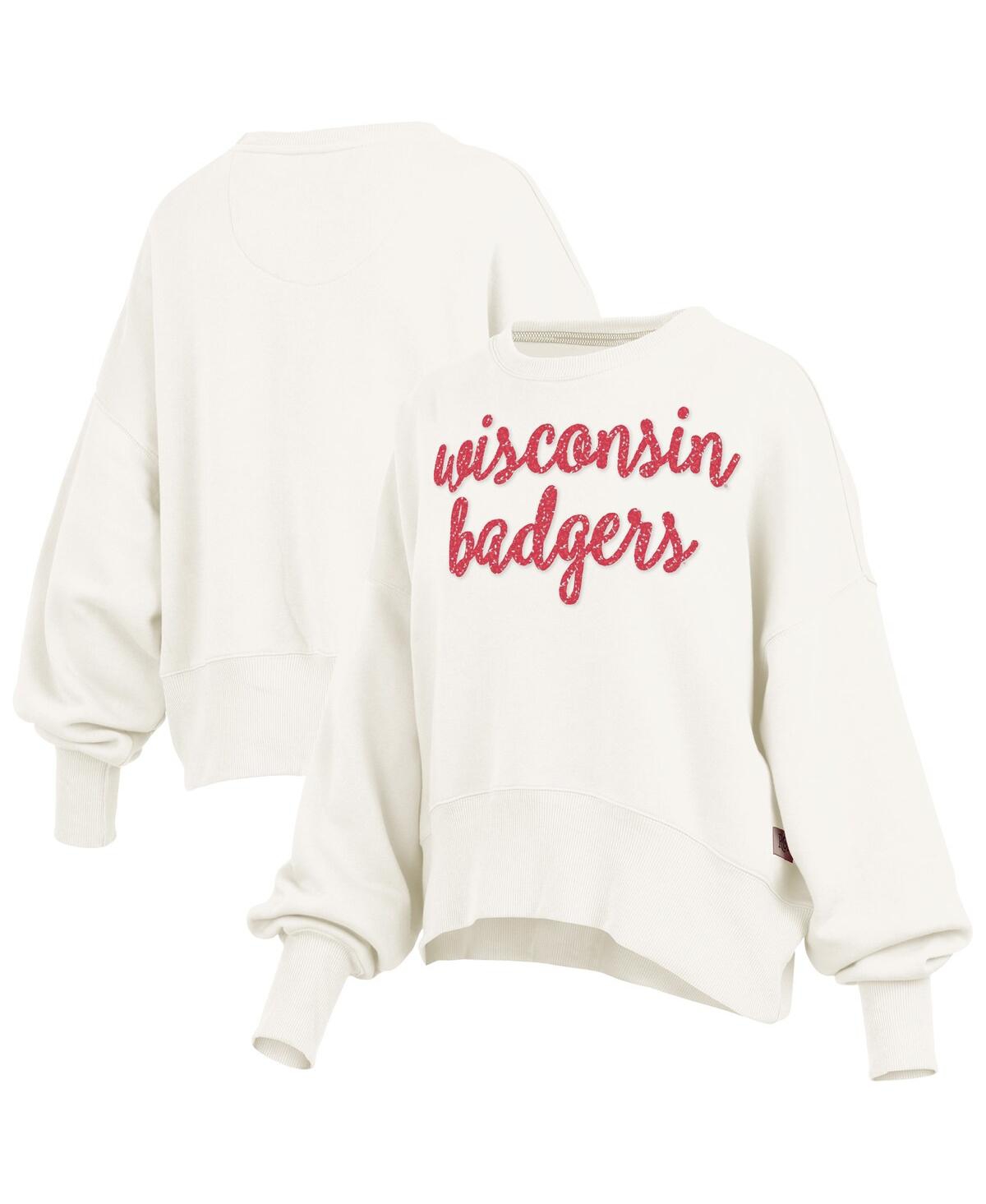 Pressbox Cream Wisconsin Badgers Oversized Chelsea Waist Length Pullover Sweatshirt In White