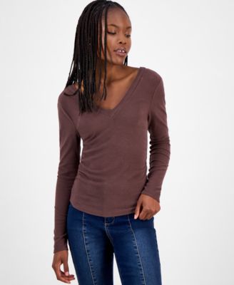Madden Girl - Juniors' Double V-Neck Long-Sleeve Ruched T-Shirt