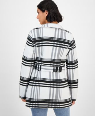 Juniors' Plaid Micro-Fleece Belted Jacket