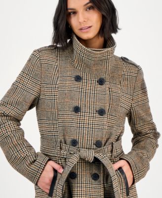 Juniors' Plaid Funnel-Neck Trench Coat