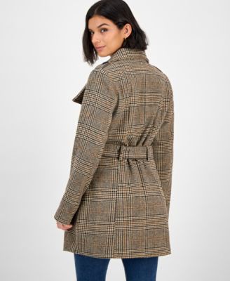 Juniors' Plaid Funnel-Neck Trench Coat