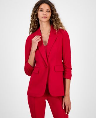 Women's One-Button Scrunched-Sleeve Jacket, Satin Scoop-Neck Camisole & High-Rise Flared-Leg Pants, Macy's Exclusive