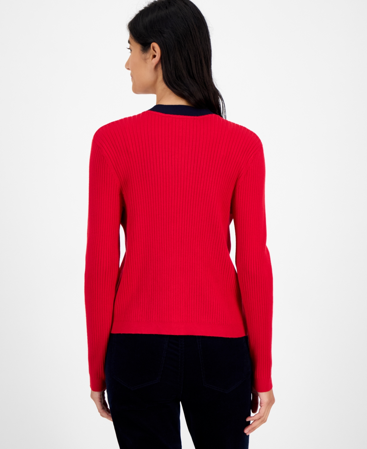 Tommy Hilfiger Women's Contrast Trim V-neck Button-front Cardigan In Red