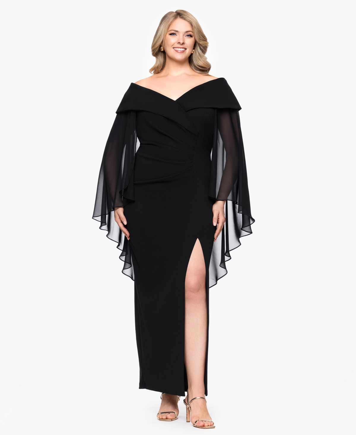 Xscape Plus-size Long Caped Scuba Dress In Black