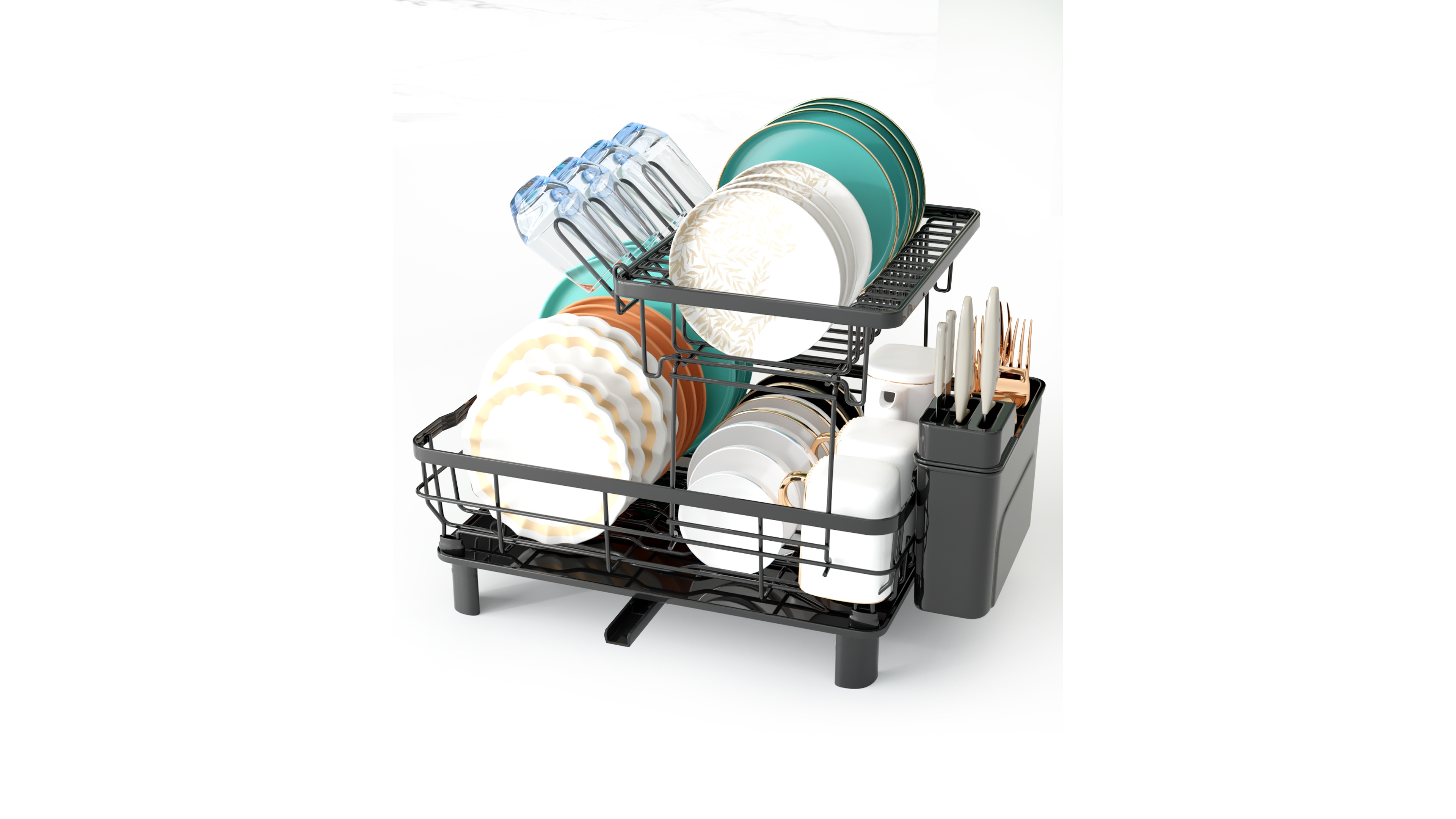 2-Tier Detachable Dish Drying Rack Stainless Steel Rack with Cutlery Box and Cup Holder