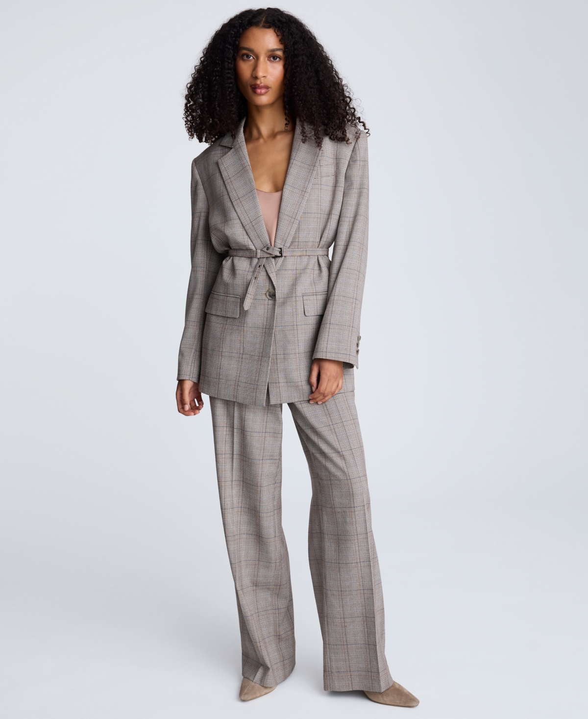 Kenneth Cole Belted Plaid One-button Blazer In Multi
