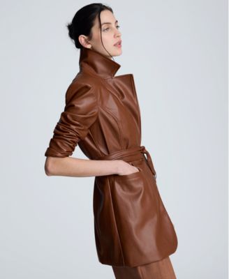 Women's Faux Leather Belted Trench Coat
