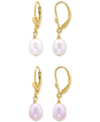 2-Pc. Set White & Pink Oval Cultured Freshwater Pearl Leverback Drop Earrings in 18k Gold-Plated Sterling Silver, Macy's Exclusive