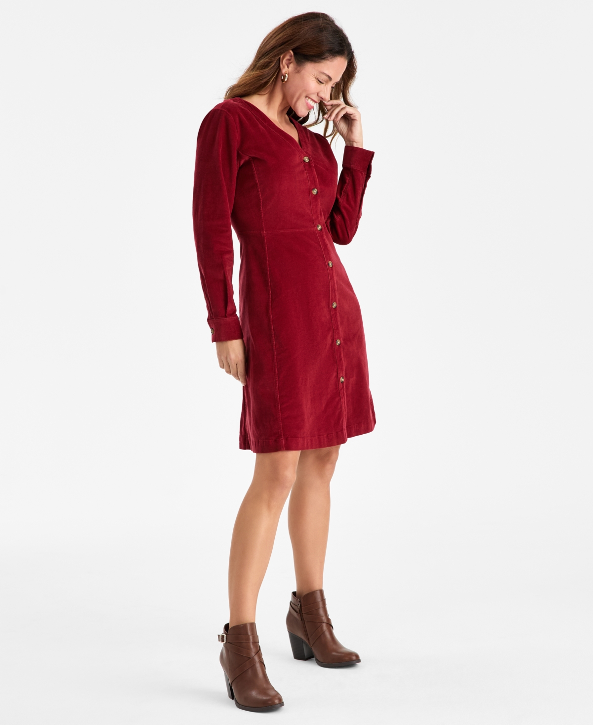 Style & Co Women's Corduroy Button-front V-neck Dress, Macy's Exclusive In Green