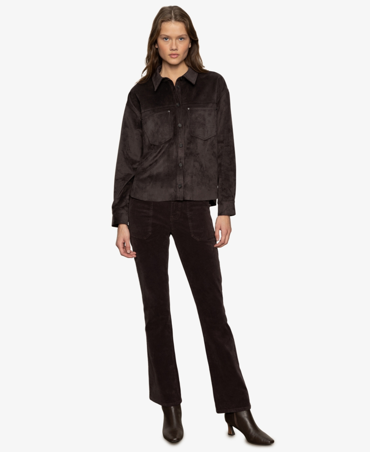 Sanctuary Ivy Faux Suede Long Sleeve Button-up Shirt In Brown