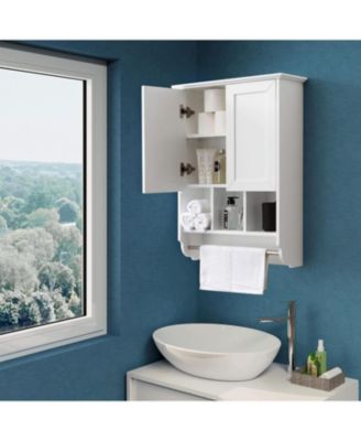 23x32" White Bathroom Wall Cabinet with Towel Bar & Adjustable Shelves - Over Storage for Bath, Kitchen, Laundry