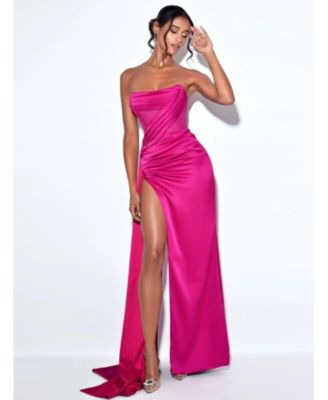 Women Holly Fuchsia Crystallized Corset High Slit Satin Gown