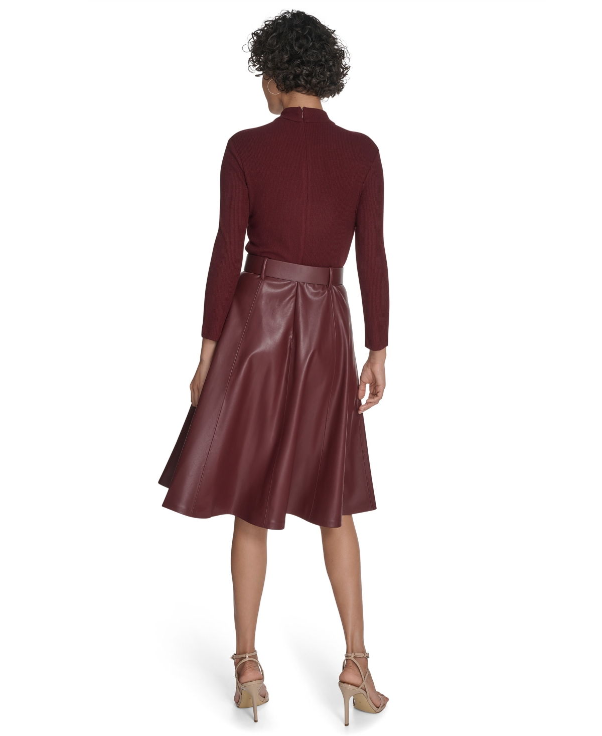 Calvin Klein Women's Pleather Combo Midi Dress In Burgundy
