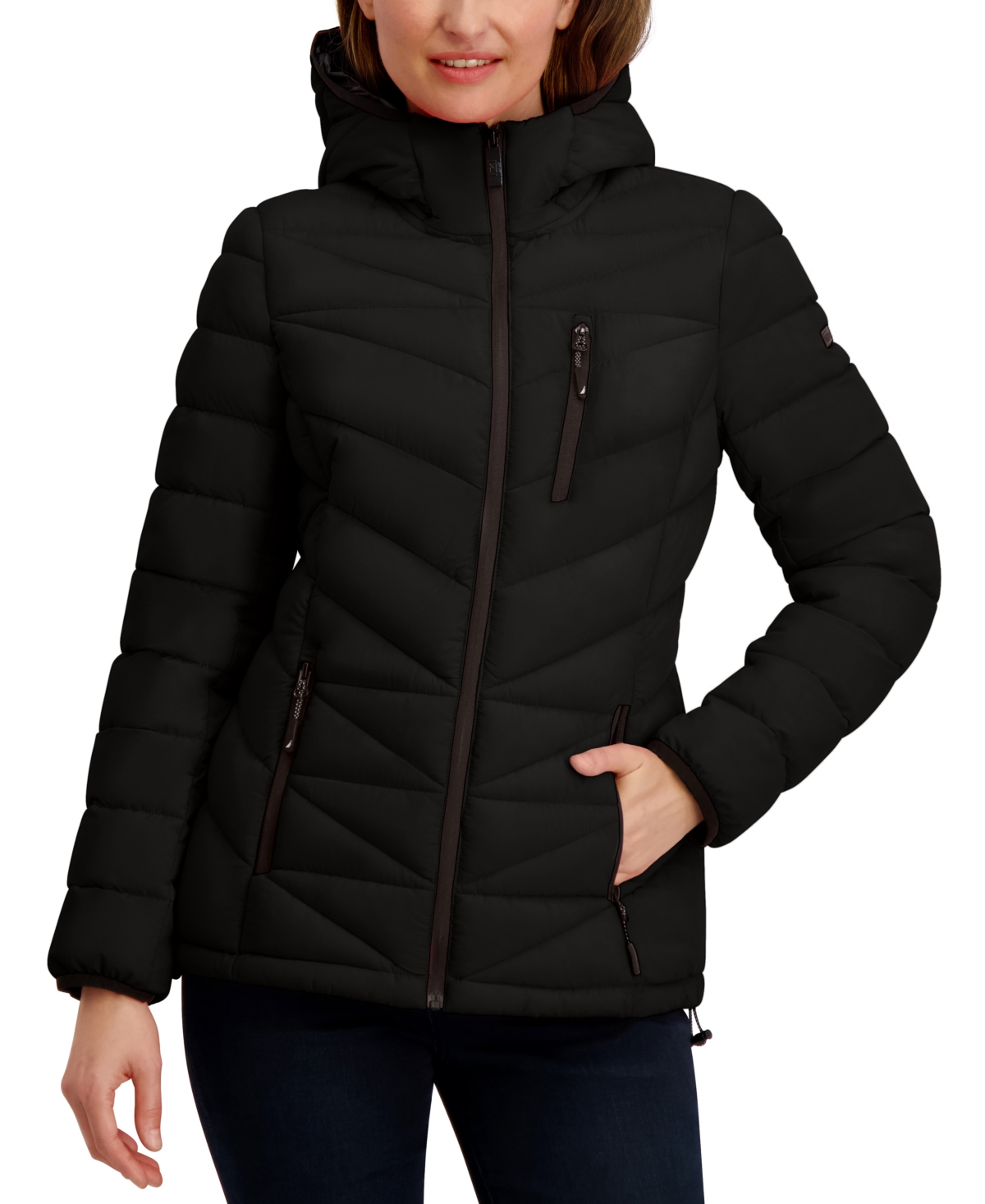Nautica Women's Hooded Zip-front Puffer Coat In Black