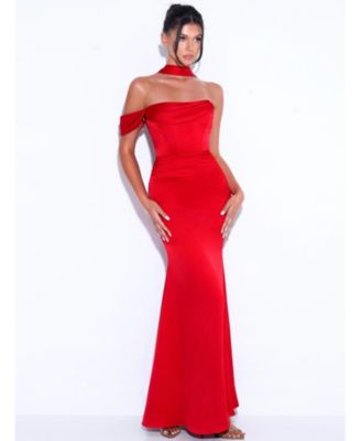 Women Ivona Red Halter Neck Double Duchess Satin Gown