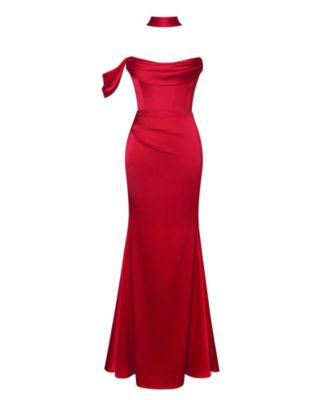 Women Ivona Red Halter Neck Double Duchess Satin Gown