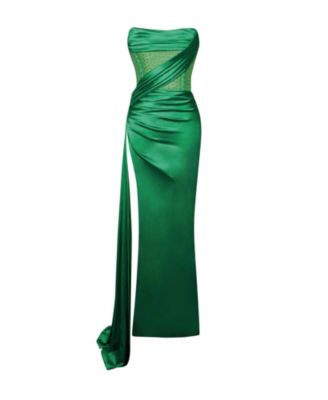 Women's Holly Green Crystallized Corset High Slit Satin Gown
