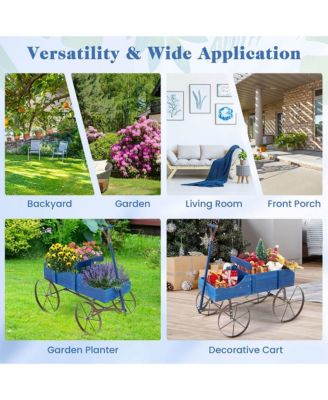 Patio Wooden Garden Flower Planter Wagon Plant Bed W/ Wheel Garden Yard  24.5'' x 13.5'' x 24''