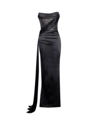 Women's Holly Black Crystallized Corset High Slit Satin Gown