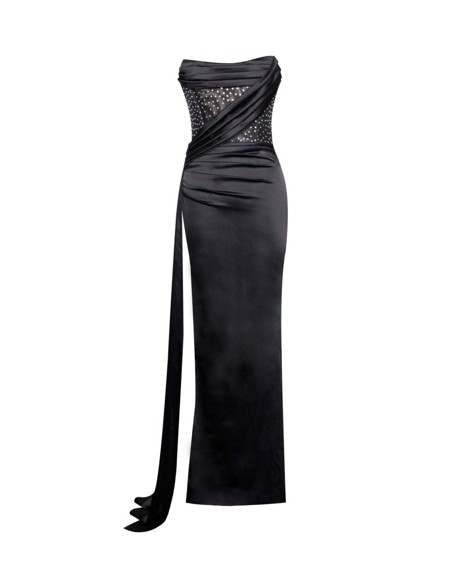 Women's Holly Black Crystallized Corset High Slit Satin Gown