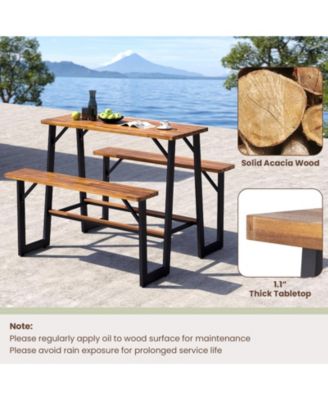 Outdoor Picnic Table for 4 Acacia Wood Rectangular Picnic Table w/ 2 Built-in Benches
