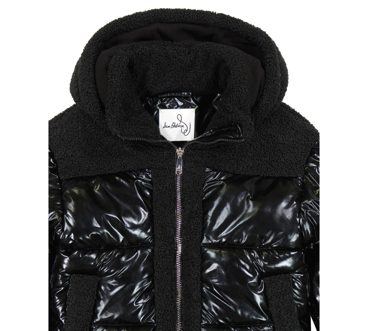 Sam Edelman Shimmer Cargo Pocket Faux Shearling Hooded Puffer Jacket In Black