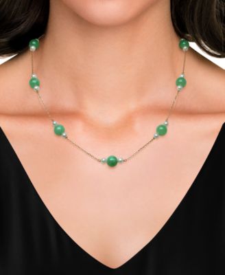 Dyed Green Jade & Cultured Freshwater Pearl (4-5mm) 18" Collar Necklace in 10k Gold
