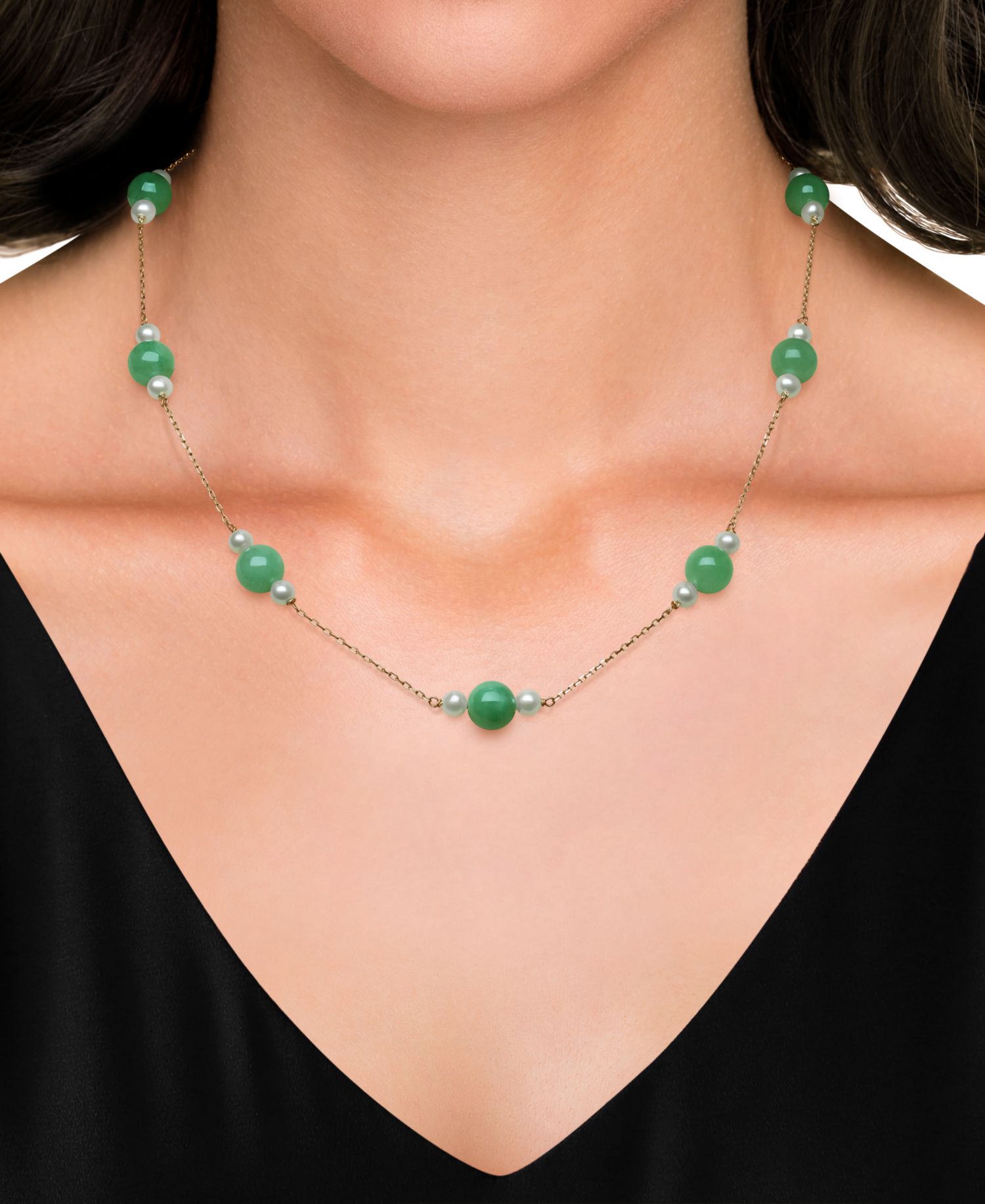 Dyed Green Jade & Cultured Freshwater Pearl (4-5mm) 18" Collar Necklace in 10k Gold