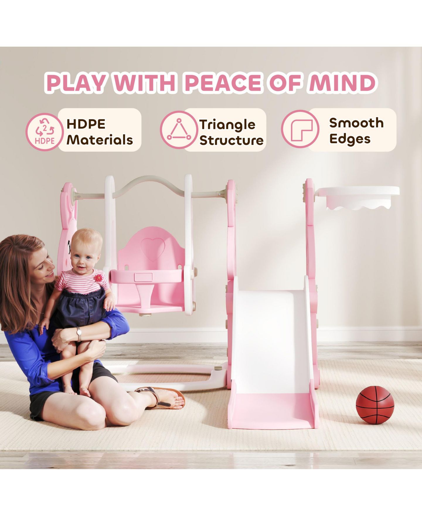 Детские игрушки Qaba 4-in-1 Toddler Slide and Swing Set with Climber and Basketball Hoop, Ages 18 Months+, цвет: Розовый — фото 9