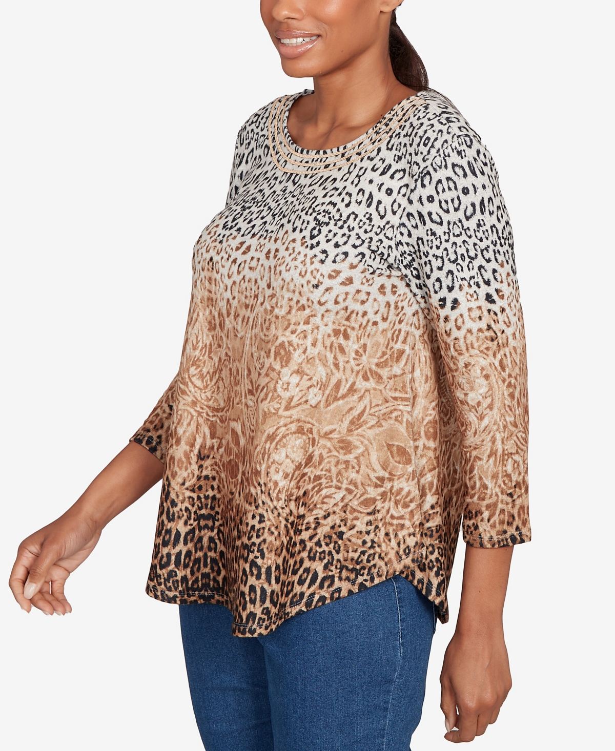 Ruby Rd. Petite Embellished Animal Print Cozy Top In Brown