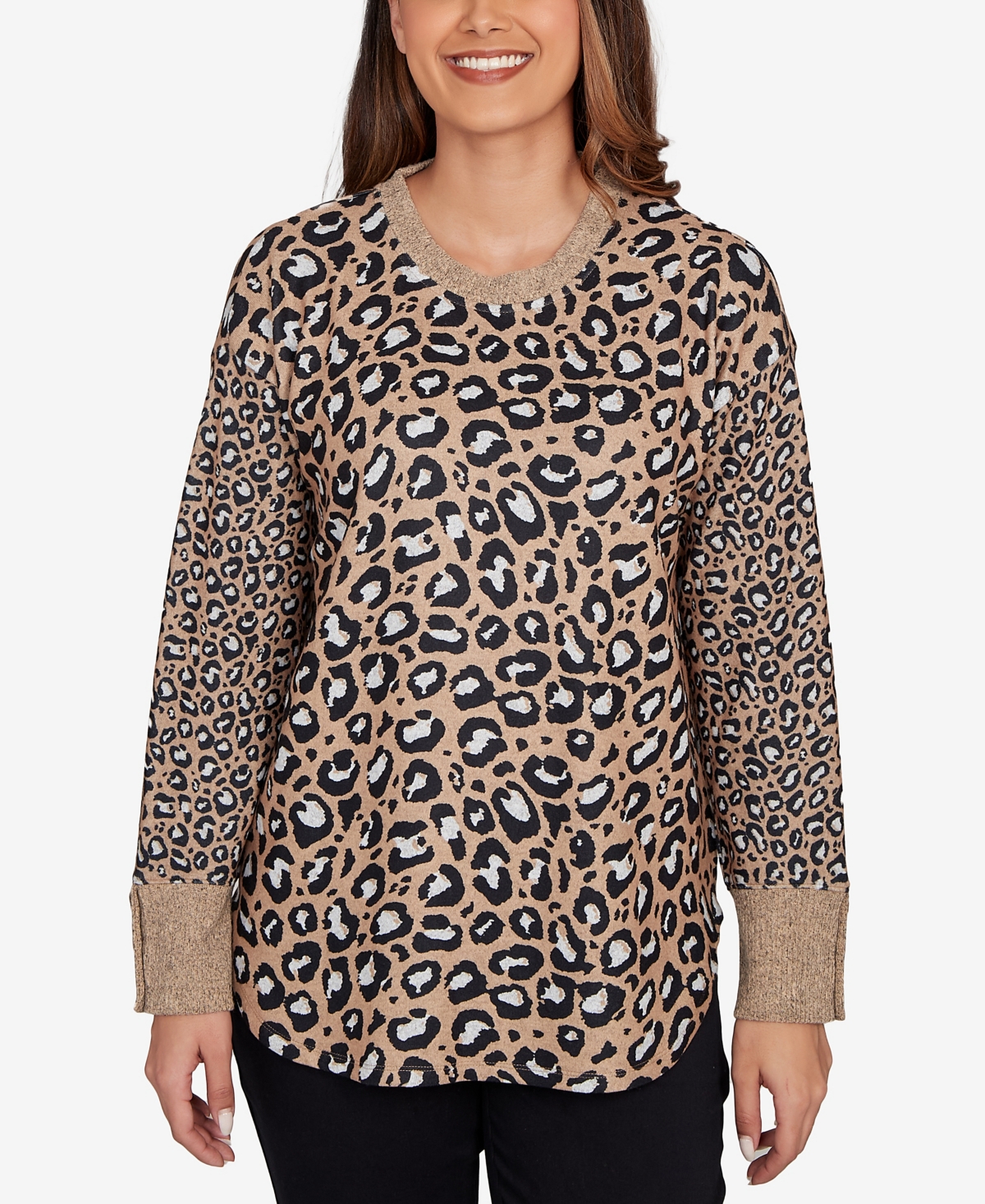Ruby Rd. Petite Trimmed Cozy Animal Print Sweater In Brown