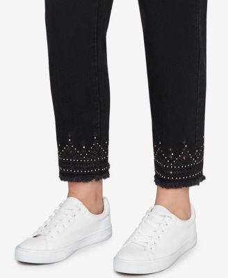 Petite Pull On Embroidered Hem Black Ankle Jeans