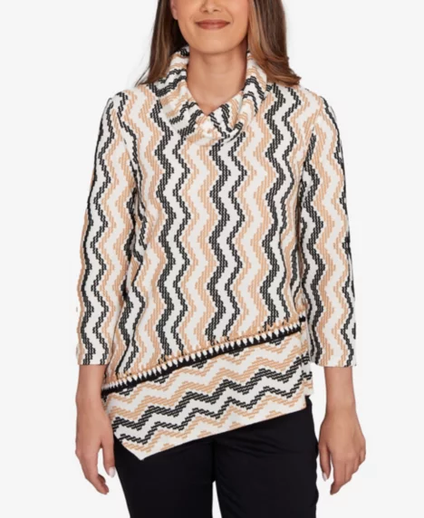 Petite Cowl Neck Zigzig Textured Knit Top - Tan Multi
