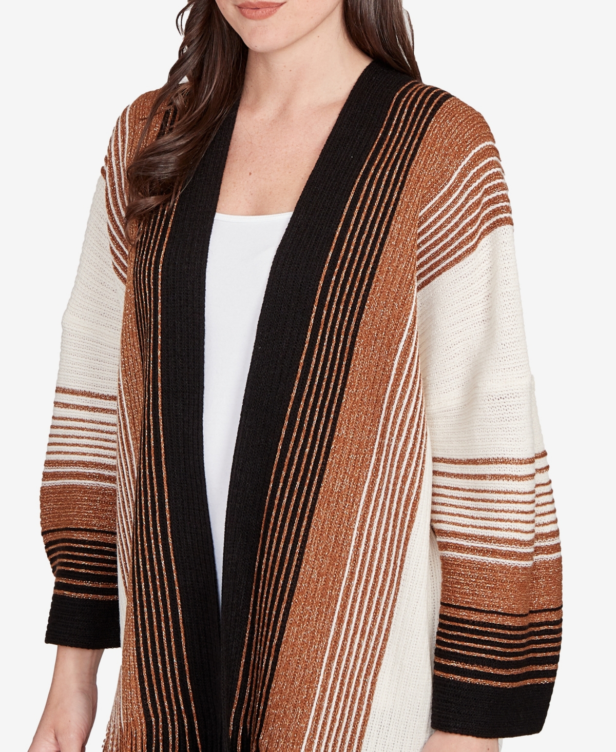 Ruby Rd. Petite Open Fringed Stripe Cardigan Sweater In Brown