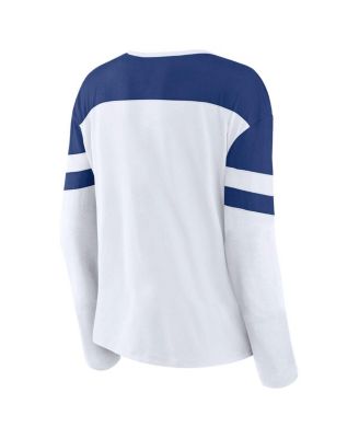 Women's White/Blue Toronto Maple Leaf's Frozen Long Sleeve Notch Neck T-Shirt