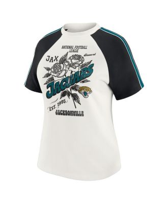 Women's White Jacksonville Jaguars Sleeve Stripe Distressed Raglan T-Shirt