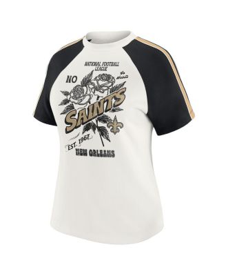 Women's White New Orleans Saints Sleeve Stripe Distressed Raglan T-Shirt