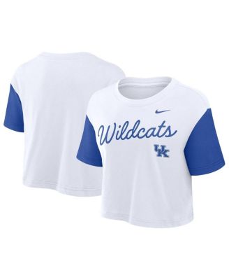 Women's White/Royal Kentucky Wildcats Color Block Script Performance Cropped T-Shirt