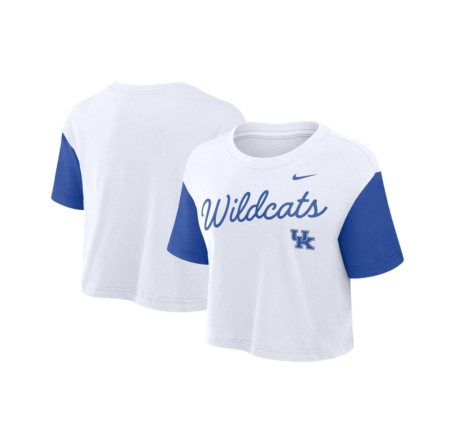 Women's White/Royal Kentucky Wildcats Color Block Script Performance Cropped T-Shirt