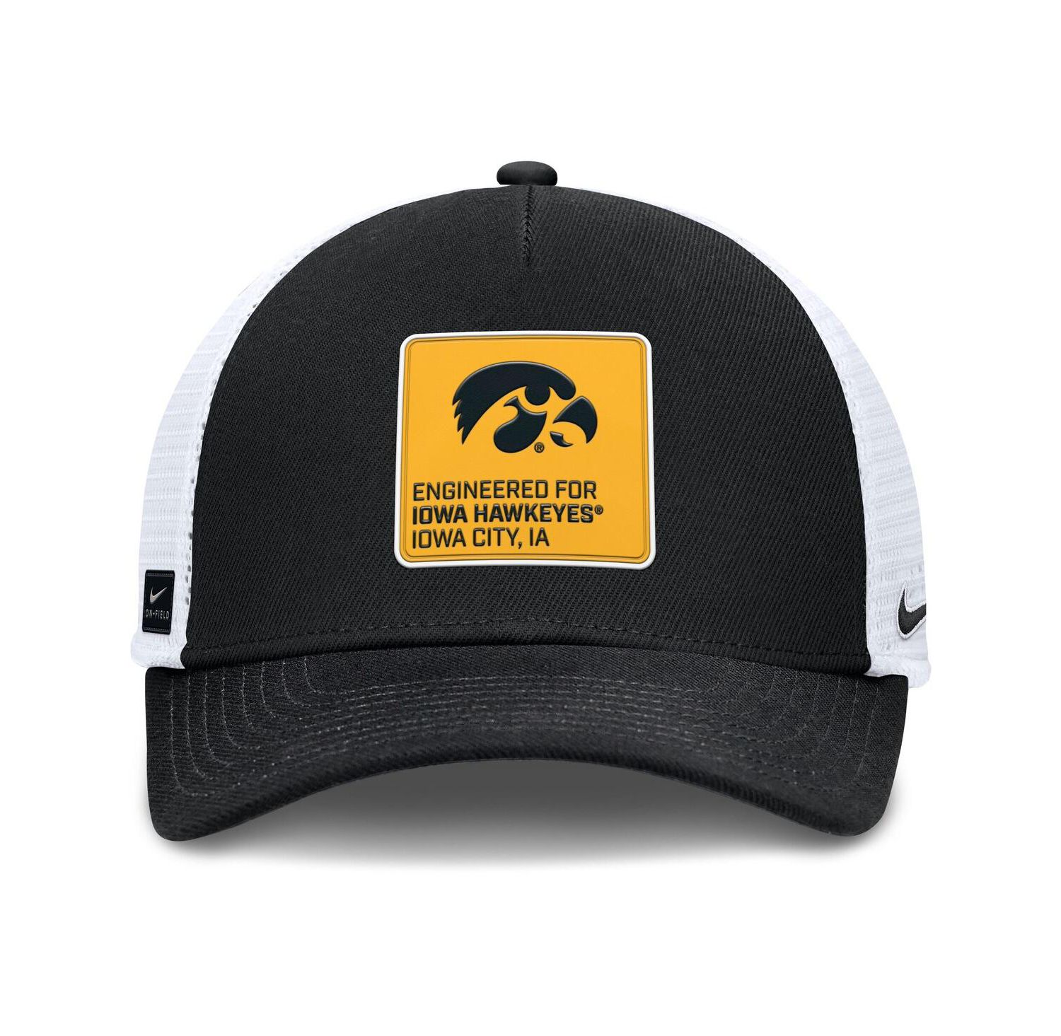 Men's Black/White Iowa Hawkeyes 2025 On-Field Rise Engineered Trucker Adjustable Hat