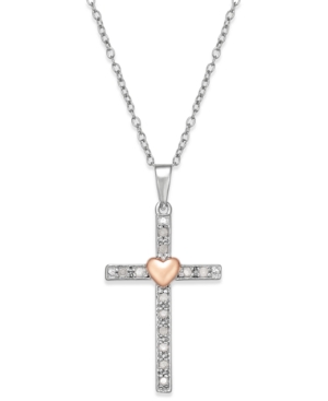 image of Diamond Two-Tone Cross Pendant Necklace (1/10 ct. t.w.) in Sterling Silver with 18k Rose Gold-Plated Sterling Silver Accent