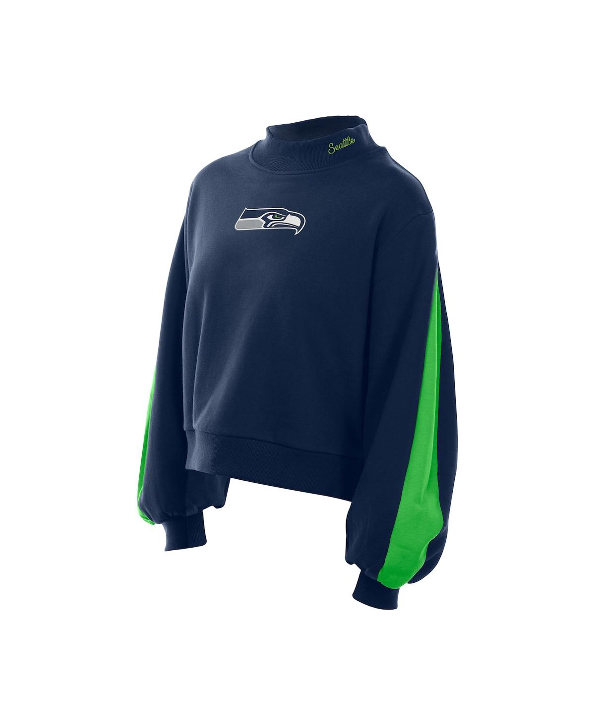 New Era Women's College Navy Seattle Seahawks Sport Night Mock Neck Balloon Sleeve Pullover Sweatshirt In Blue